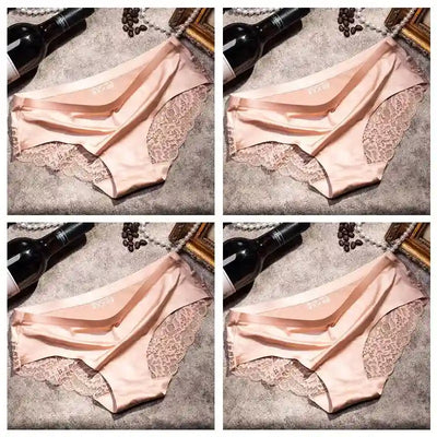 Four-panel grid of blush pink satin panties with wide scalloped lace side panels
