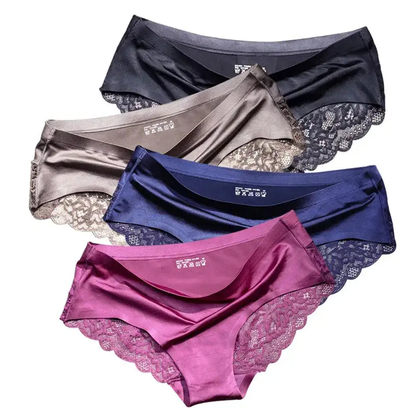 Four satin panties stacked in black, taupe, navy, and rose purple with scalloped lace sides