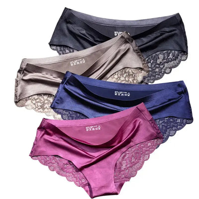 Four satin panties stacked in black, taupe, navy, and rose purple with scalloped lace sides