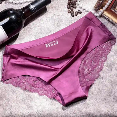 Rose purple satin panty with matching lace side panels shown front and inside view