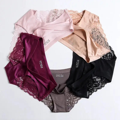 Five satin panties arranged in a circle showing black, taupe, navy, blush pink, and burgundy