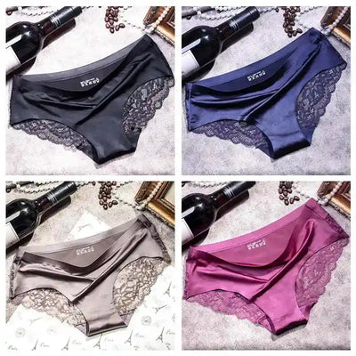Four-panel grid showing black, rose purple, taupe, and blush pink satin panties front view