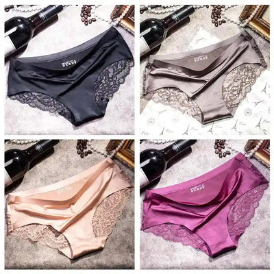 Four-panel grid showing black, taupe, blush pink, and rose purple satin panties flat lay