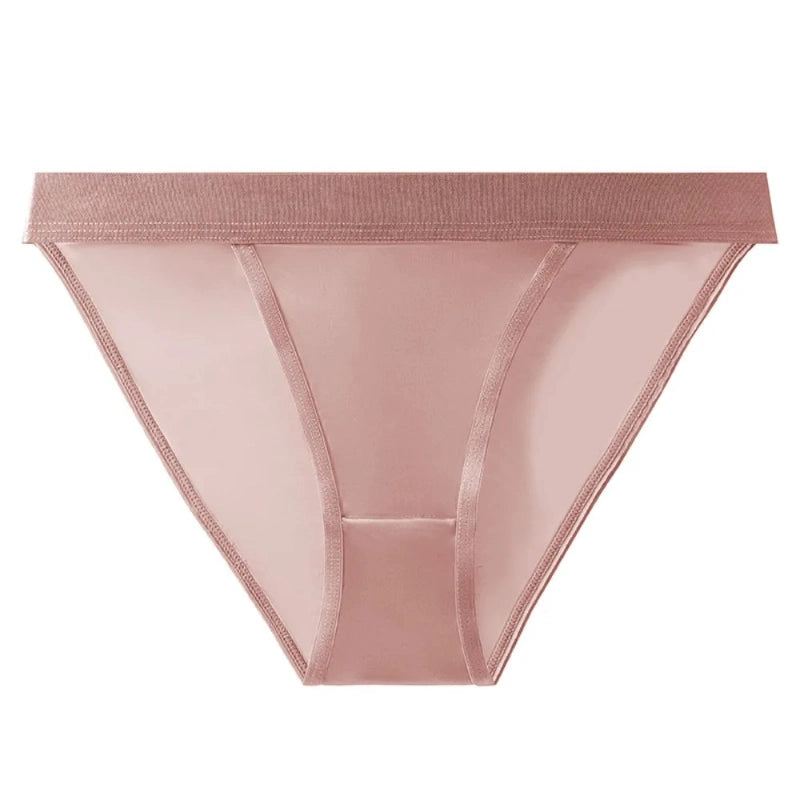 Mauve bikini satin panties with ribbed waistband and glossy satin front panel, flat lay
