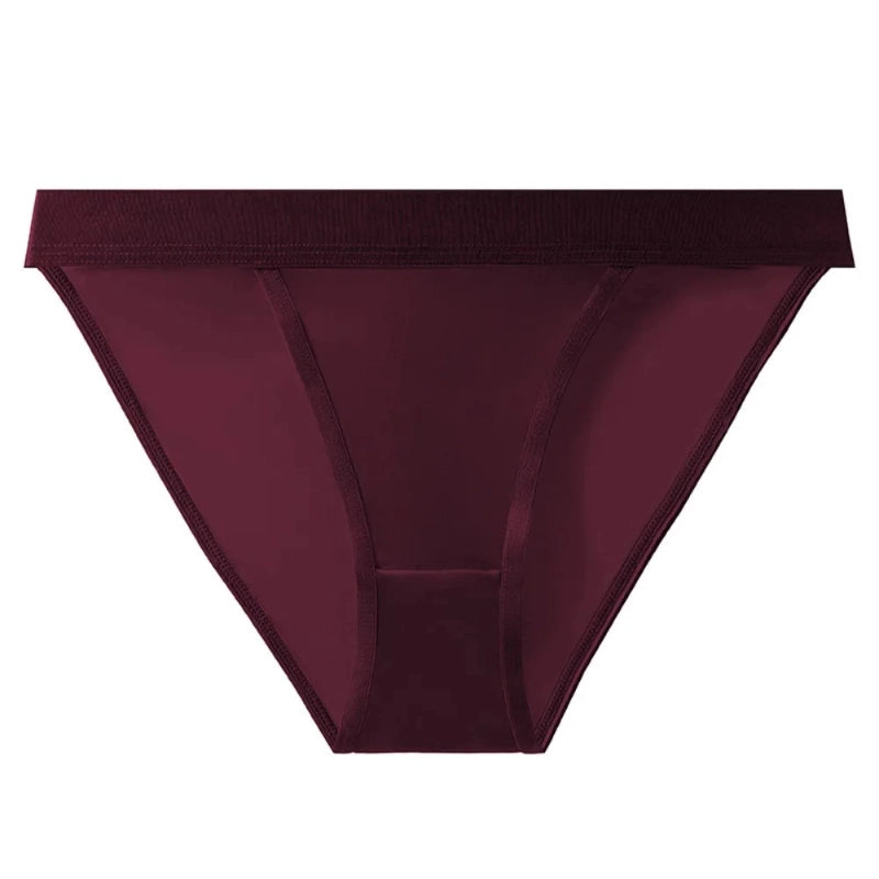 Burgundy bikini satin panties with wide ribbed waistband and smooth glossy finish, flat lay front view