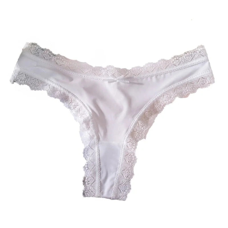 White satin thong panties with scalloped lace trim on waistband and leg openings