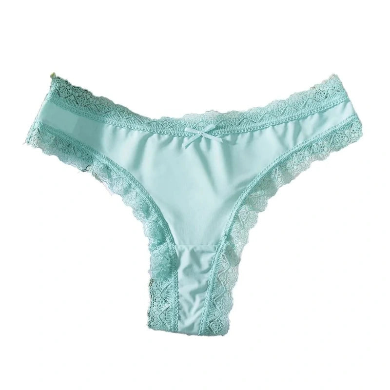 Mint cheeky satin panties with geometric lace trim and small center bow detail