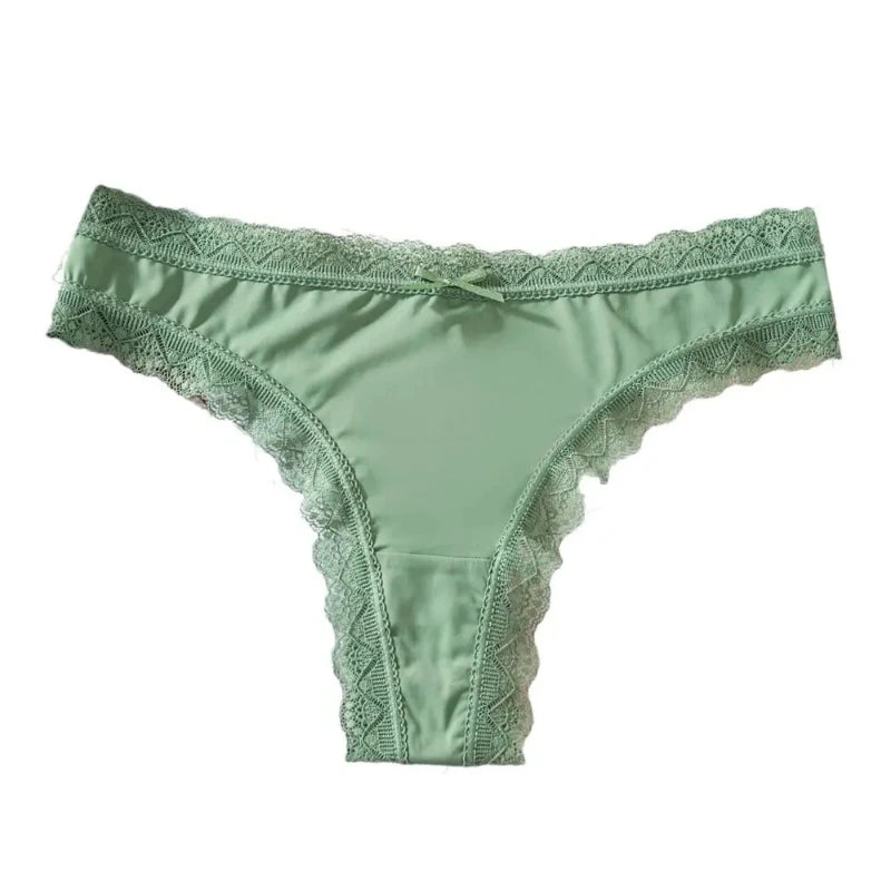 Sage green cheeky satin panties with matching lace trim waistband and leg edges flat lay