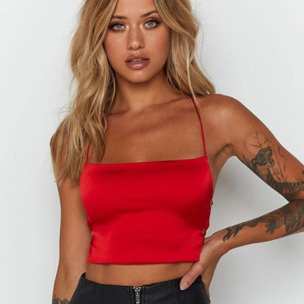 Red Satin Backless Strappy Crop Top - Miss Satin