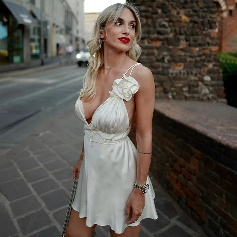 Moonlight Sheen Mini Satin Dress with Asymmetric Floral Appliqué