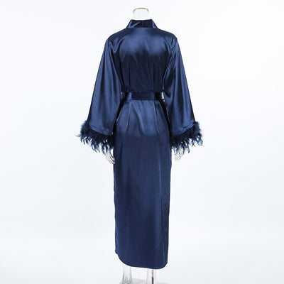 Navy Blue Satin Kimono Robe