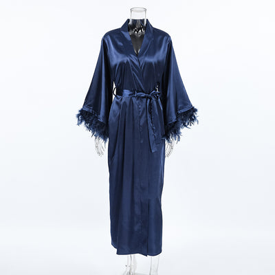 Navy Blue Satin Kimono Robe