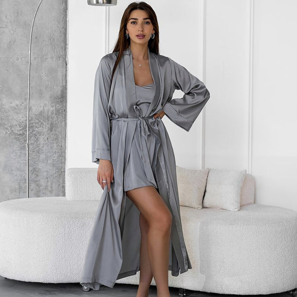 Gray Satin Nightgown and Robe Set