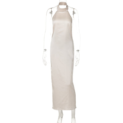 Champagne Satin Halter Maxi Dress