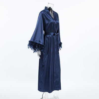 Navy Blue Satin Kimono Robe