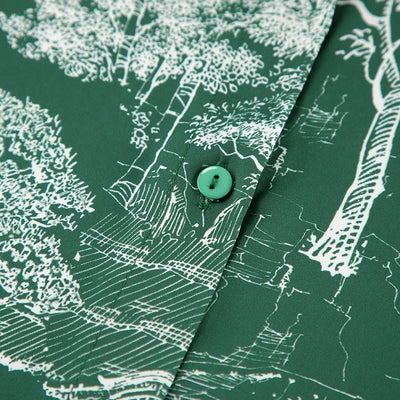 Close-up of green tonal button on toile print shirt dress placket