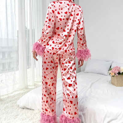 Satin Pajamas with Feather Trim
