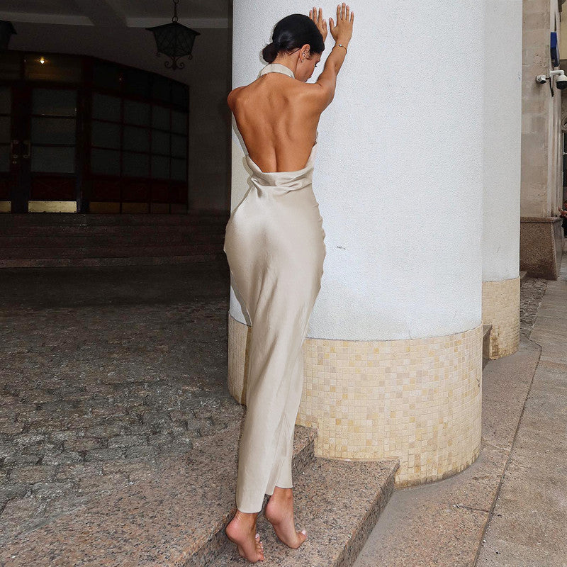 Champagne Satin Halter Maxi Dress