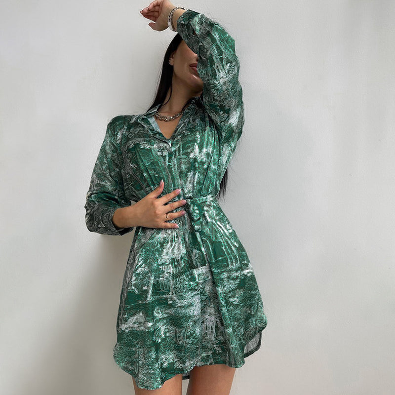 Emerald Green Satin Shirt Dress