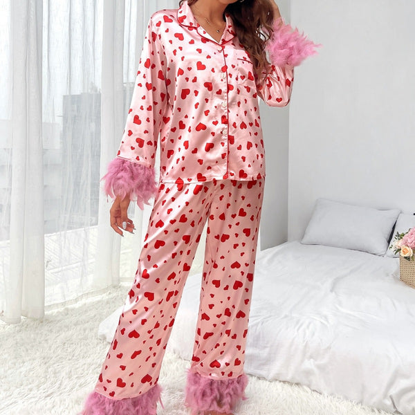 Satin Pajamas with Feather Trim