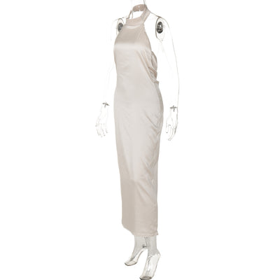 Champagne Satin Halter Maxi Dress