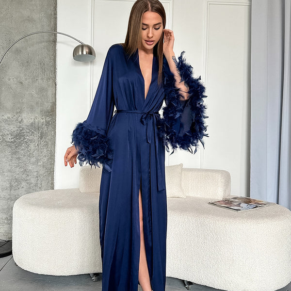 Navy Blue Satin Kimono Robe