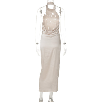 Champagne Satin Halter Maxi Dress