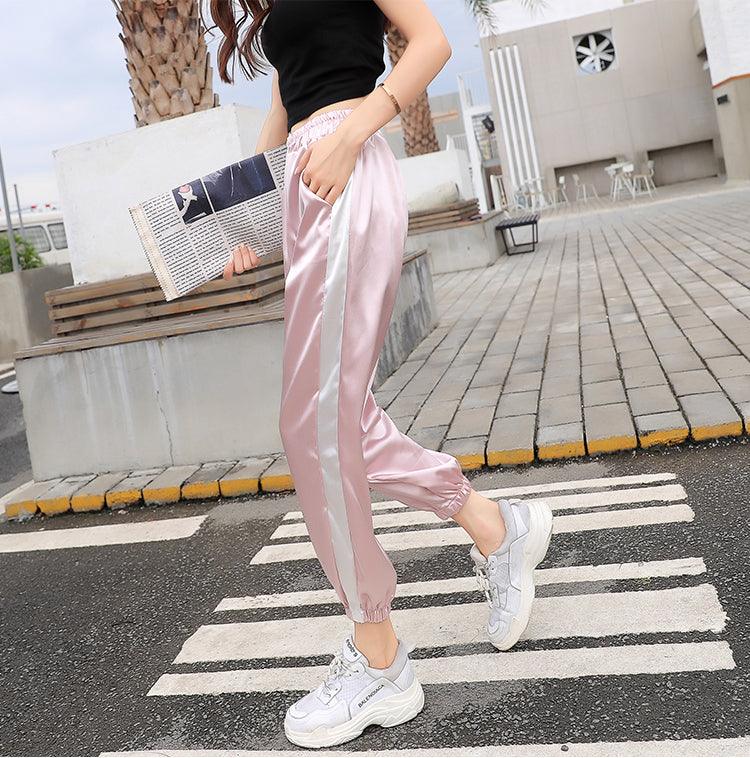 Satin pink online joggers