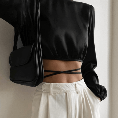 Satin Black Long Sleeve Top - Miss Satin