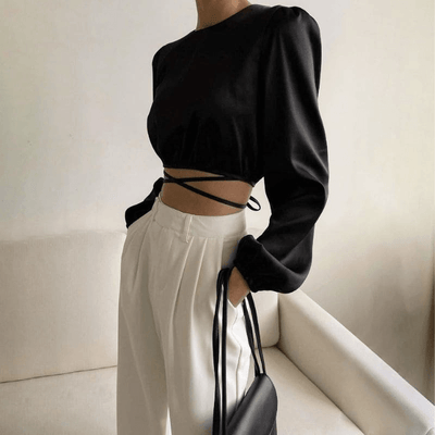Satin Black Long Sleeve Top - Miss Satin
