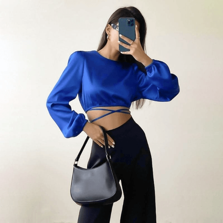 Satin Blue Long Sleeve Top - Miss Satin