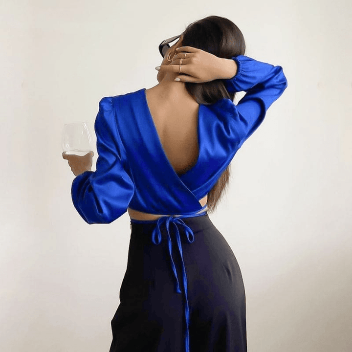 Satin Blue Long Sleeve Top - Miss Satin