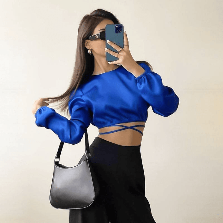 Satin Blue Long Sleeve Top - Miss Satin