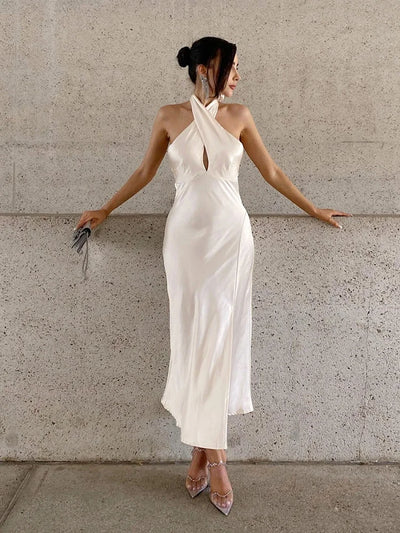 White Halterneck Satin Slip Dress