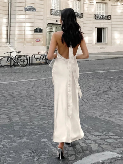 White Halterneck Satin Slip Dress
