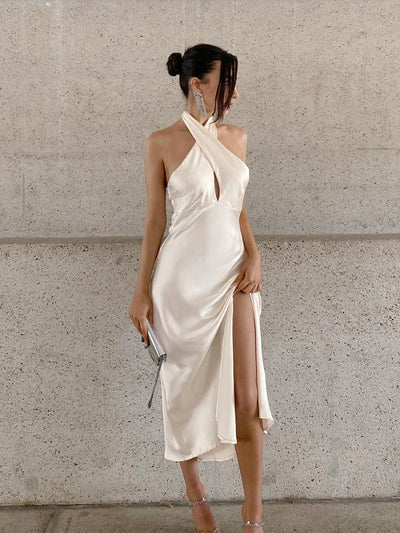 White Halterneck Satin Slip Dress