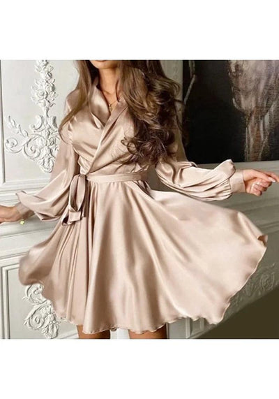 Beige Satin Dress with Sleeves