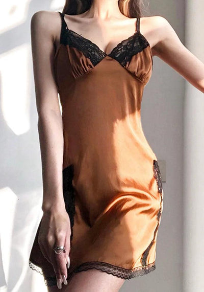 Brown Satin Dress with black lace