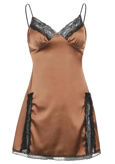 Brown Satin Dress with black lace