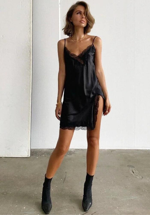 black lace trim satin bodycon dress Women's Black Lace Trim Satin Hook & Eye Detail Bandeau Bodycon Dress