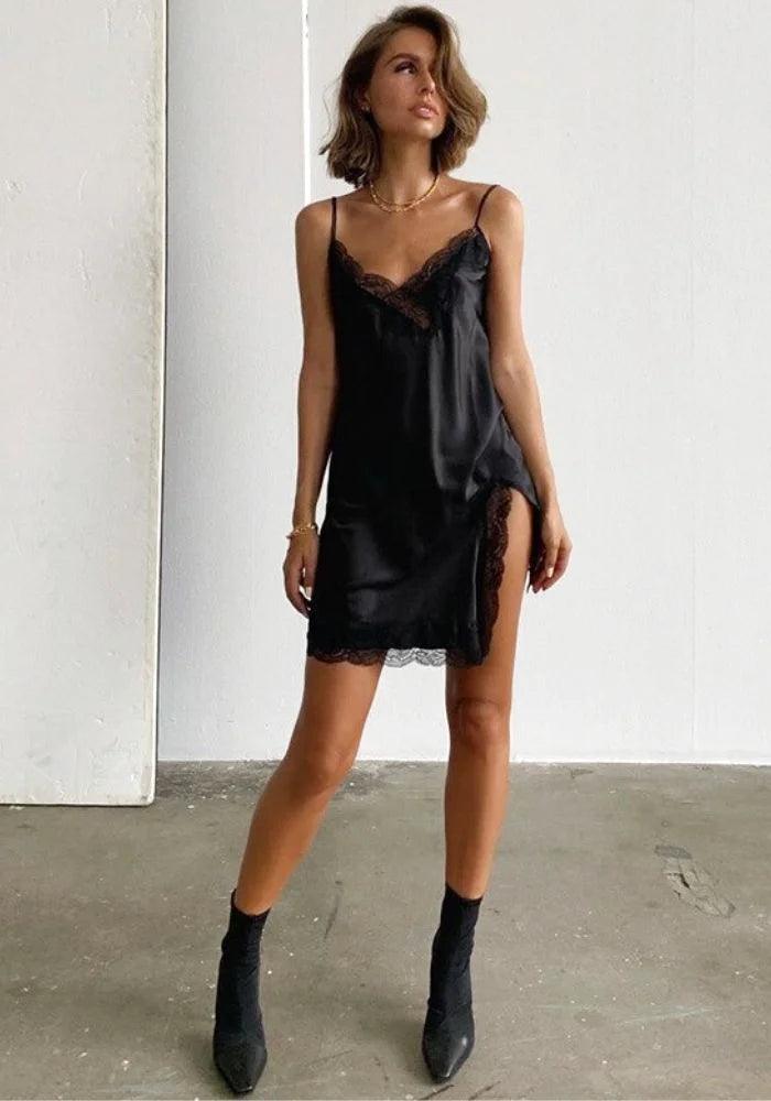 Black Lace Trim Mini Slip Dress