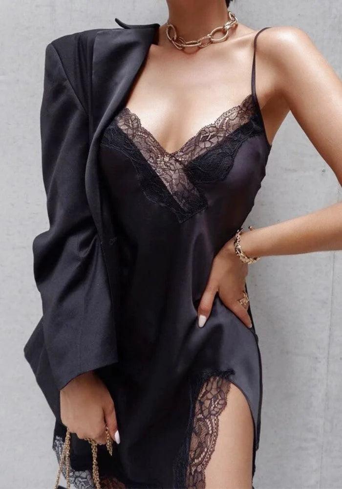 Black Lace Trim Satin Mini Dress
