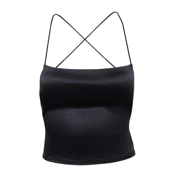 Black Satin Backless Strappy Crop Top - Miss Satin