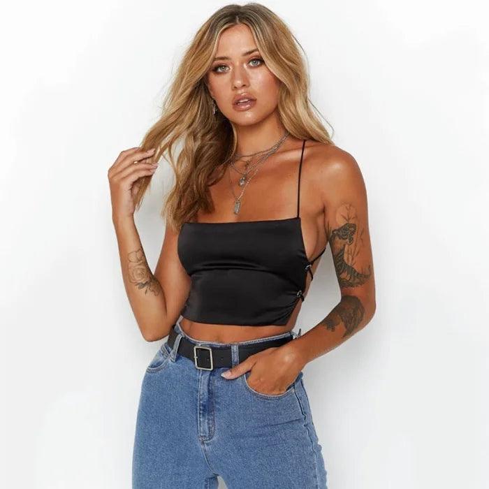 Black Satin Backless Strappy Crop Top - Miss Satin