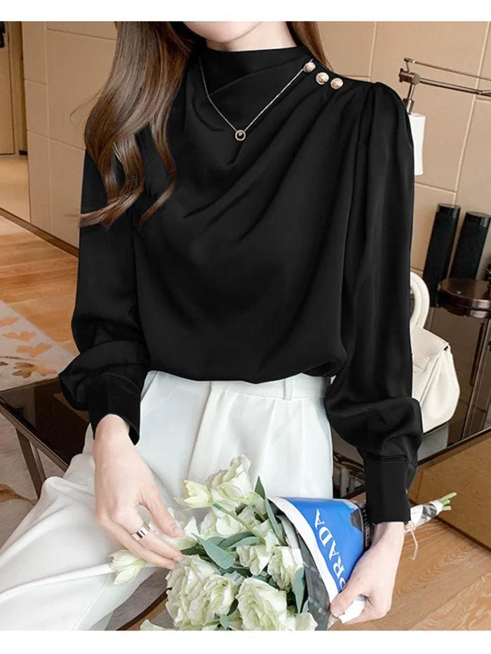 Black Satin Blouse Long Sleeve - Miss Satin