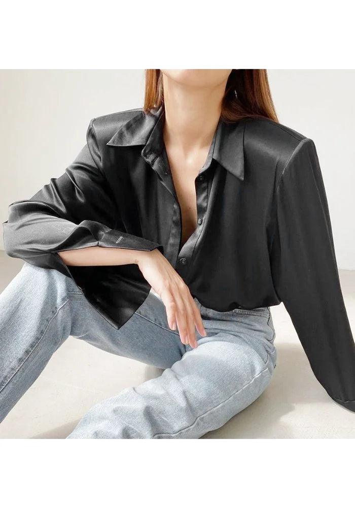 Black satin deals button up blouse
