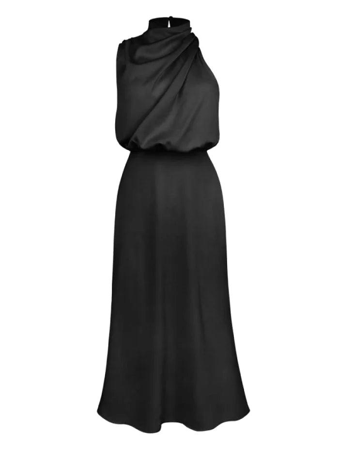Black Satin Drape Asymmetric Strap Midi Dress - Miss Satin