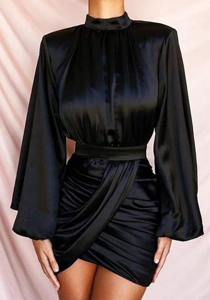 Black Satin Draped Mini Dress | Miss Satin Black Satin Draped Mini Dress | Miss Satin