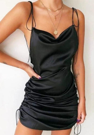 Black Cowl-Neck Mini Slip Dress with Ruched Sides