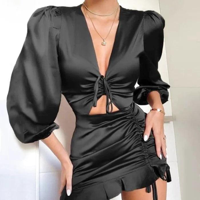 Black Satin Dress With Sleeves